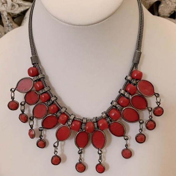 Brick Red Necklace w/Silver Tone Chain - Picture 3 of 5